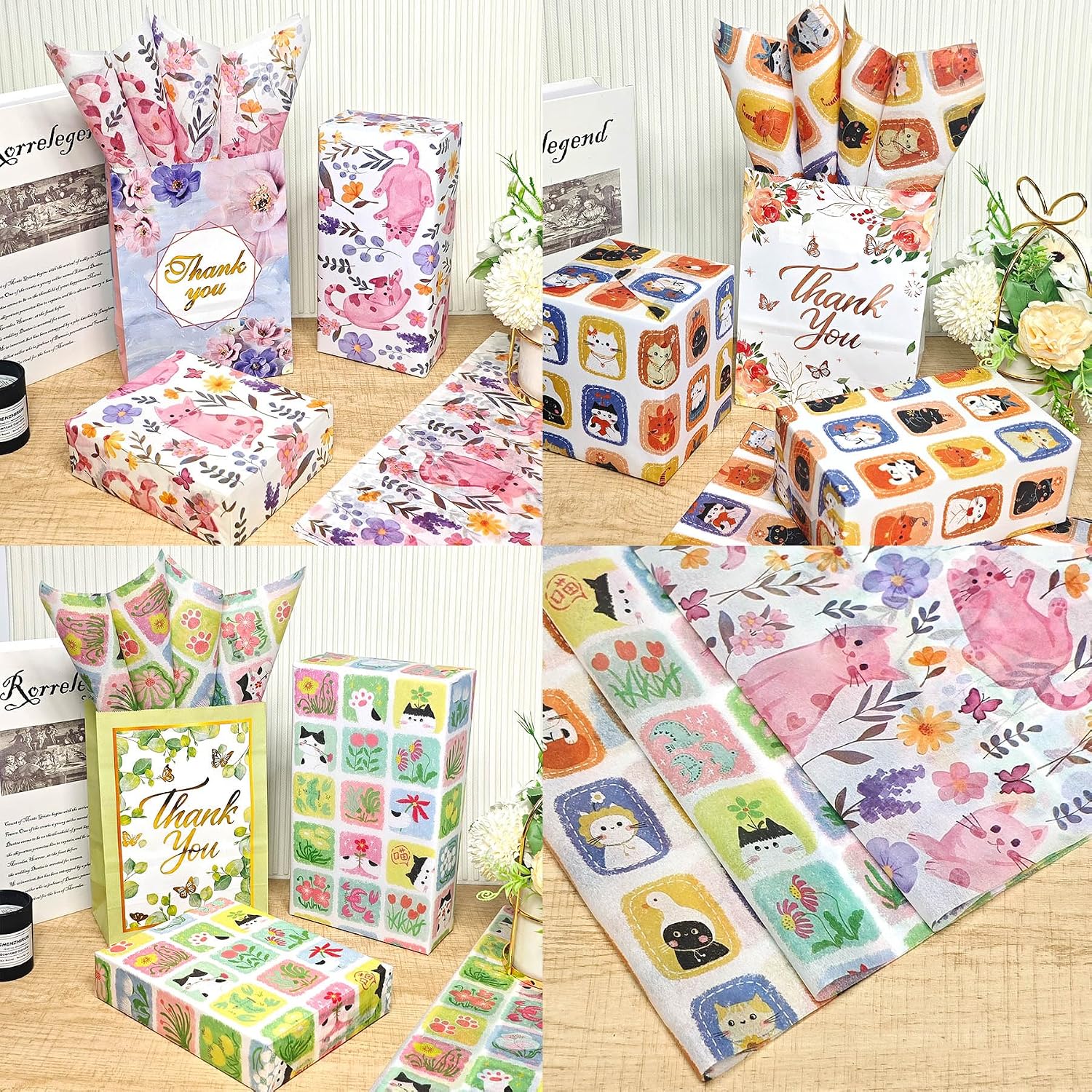 LIAPAWPAW Cat Tissue Paper, 60 Sheets Cute Kitty Lavender Floral Tissue Paper for Gift Bags Gift Wrapping & Craft, Colorful Art Packing for Birthday Wedding Baby Shower Holiday Pet Party Decor,20x14in