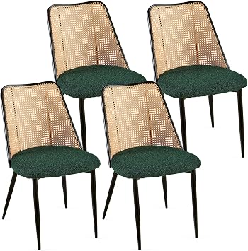 Homedot Green Dining Chairs Set of 4, Upholstered Home Kitchen Chairs Woven Rattan Back Boho Dining Room Chairs Comfortable with Metal Legs for Living Room Dining Hall