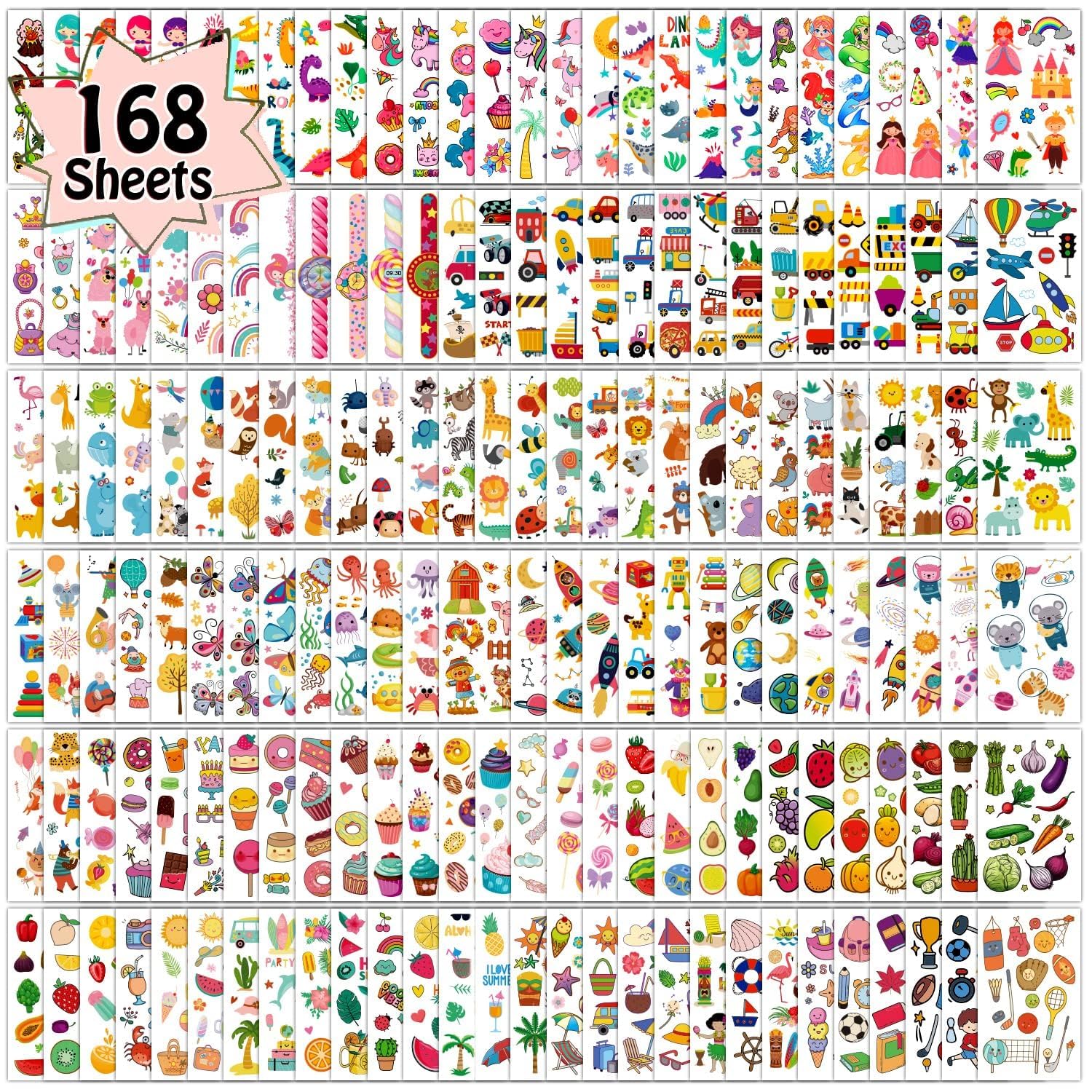 Partywind 168 Sheets (2000 Styles) Kids Temporary Tattoos for Party Supplies, Fake Tattoo Stickers with Dinosaur/Mermaid/Pirate for Boys and Girls,