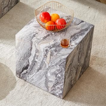 Modern Square MDF Coffee Table for Living Room, Wood Grain Faux Marble Cube Center Table Side Table End Table for Bedroom Home Office Gray