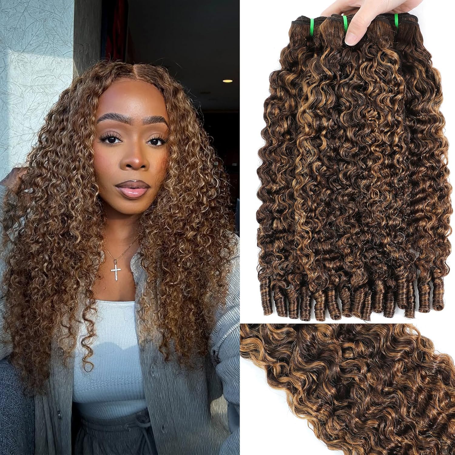 Burmese Curly Bundles Human Hair Highlight P4/27 Piano color 100% Real Human Hair Unprocessed Raw Material Bundles For Quick Weave Double Weft 16 18 20 Inch