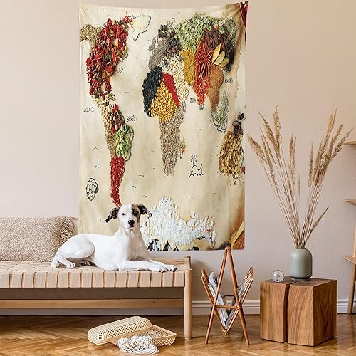 Miniatura 2 de Ambesonne Tapiz de mapa del mundo, diseño de diferentes especias, estilo bohemio, estilo Atlas, para colgar en la pared para dormitorio, sala de