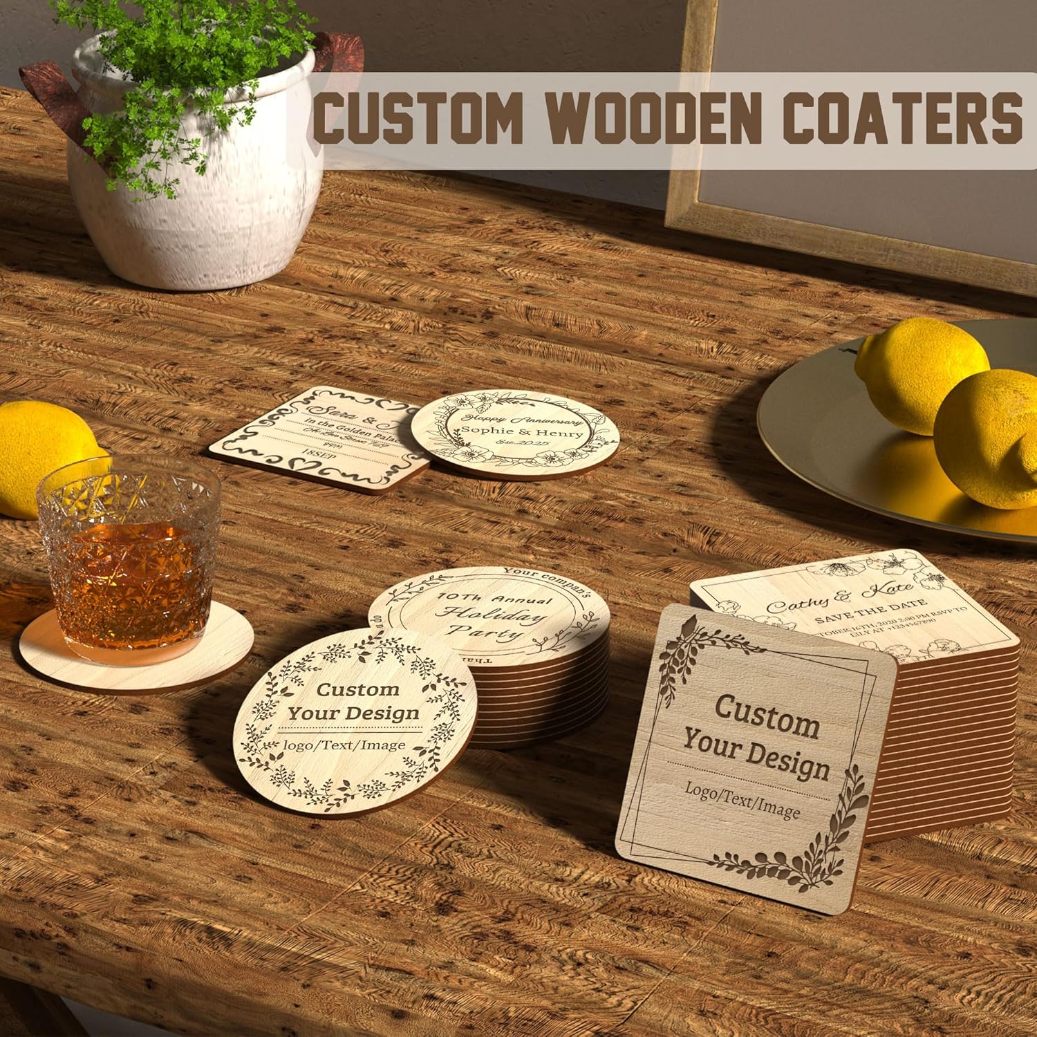 20–200 Pcs Personalized Coasters, Custom Wooden Coasters with Engraved Text, Name, or Logo, Natural Wood Slice Coaster, Heat-Resistant, Custom Gifts for Wedding, Anniversary, Housewarming (Round)