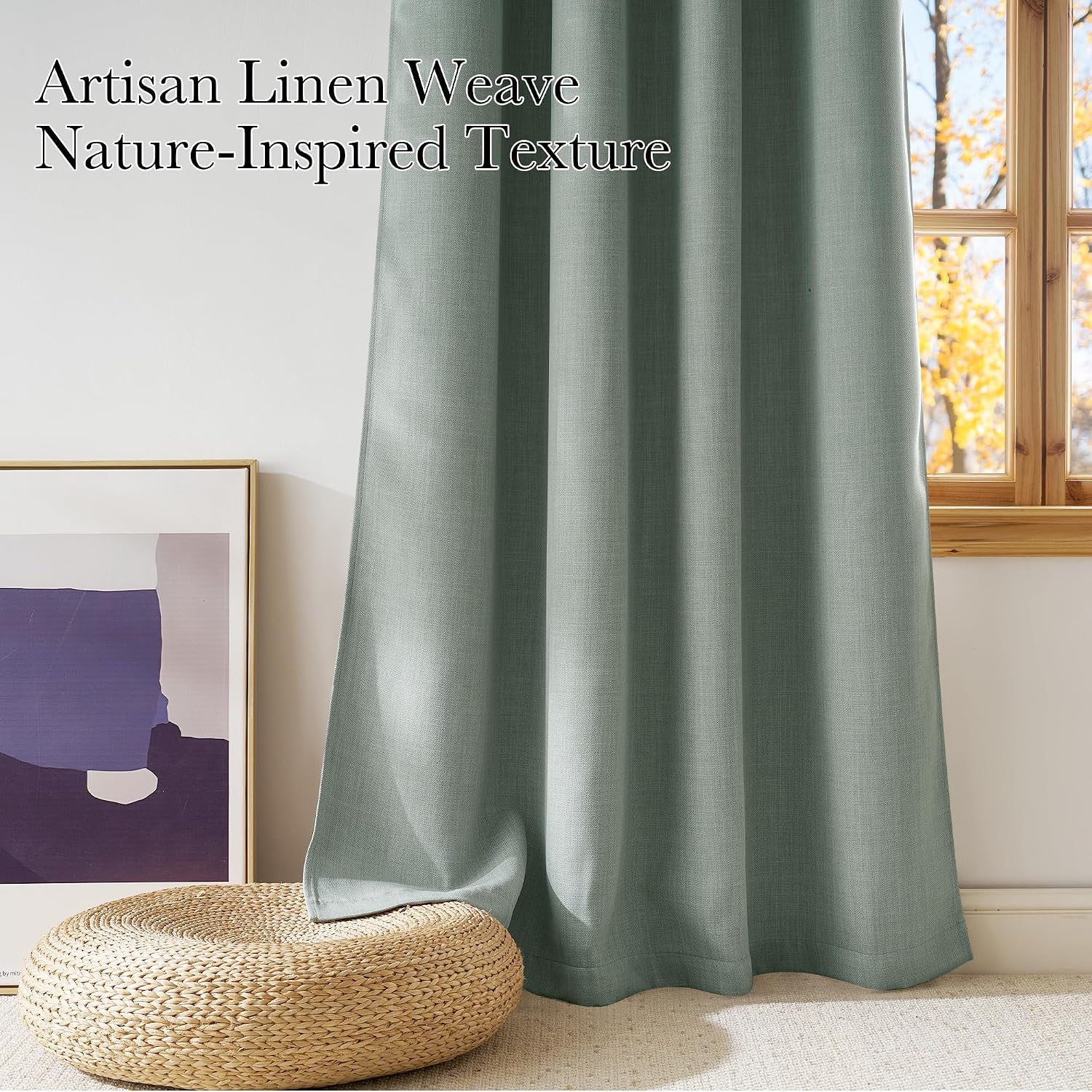  Short Faux Linen Sage Green Blackout Curtains 63 inches Long for Kitchen - Privacy Panels for Living Room Bedroom, Modern Farmhouse Style Easy Care Grommet Top, 2 Panels, W42 by L63 thumbnail