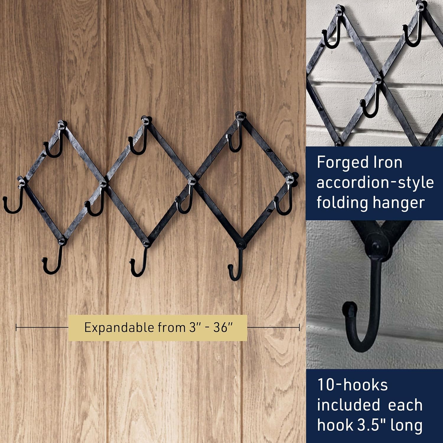 Kings County Tools Accordion Wall Hanger - Forged Iron Hat Rack with 10 Hooks for Hats, Coats, and Bags - Expandable Coat Rack - Wall Organizer for Bedroom, Entryway, or Mudroom (Black)