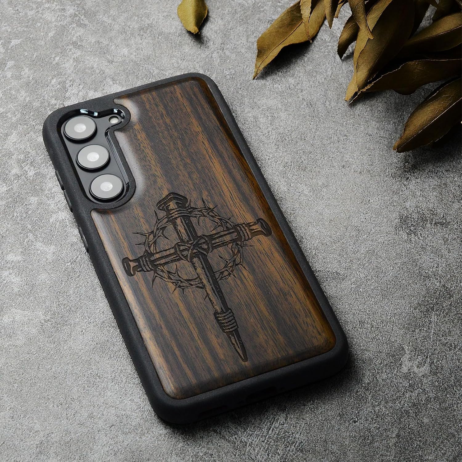 Carveit Wood Case for Galaxy S23 Case [Natural Wood & Black Soft TPU] Shockproof Protective Cover Unique & Classy Wooden Design Compatible with Samsung S23 (Crucifix Nails-Blackwood)