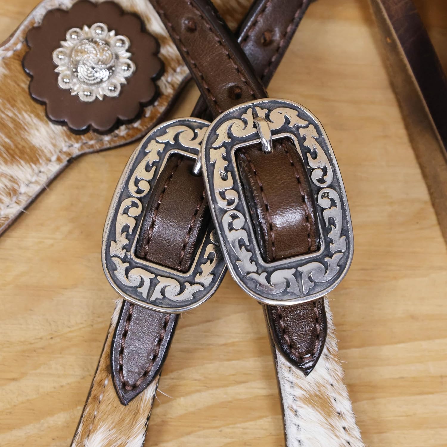 Western Headstall and Breast Collar Tack Set | Real White & Brown Cowhide with Metal Flower Conchos | Argentina Cow Leather