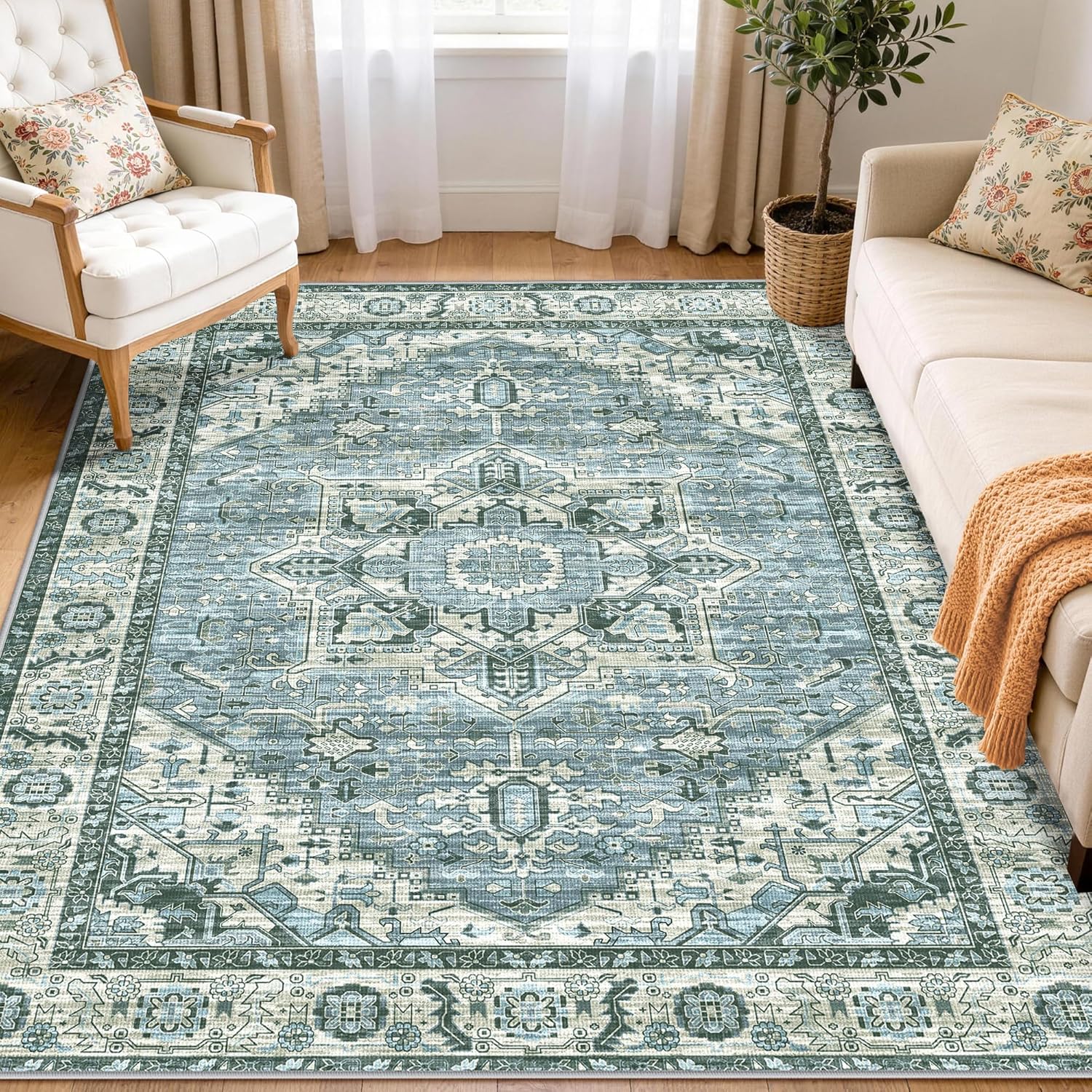LIVELYGLOW 5x7 Washable Area Rug for Living Room Bedroom, Retro Printed Traditional Vintage Rug, Non-Slip Foldable Large Carpet for Dining Room Home Decor, Grey/Blue