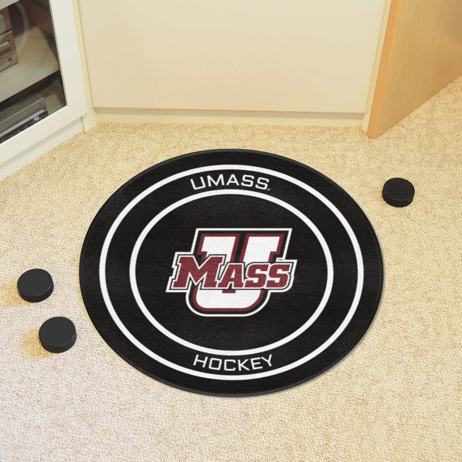 FANMATS 19554 UMass Minutemen Hockey Puck Shaped Rug - 27in. Diameter, Hockey Puck Design, Sports Fan Accent Rug