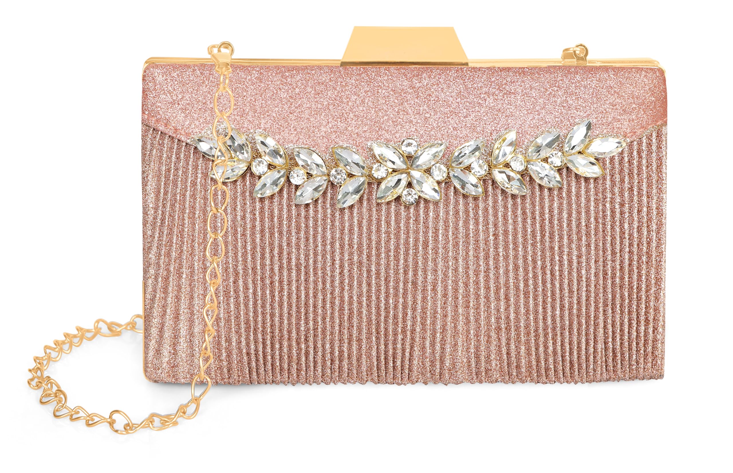 Shimmer Grace Clutch Bag with Crystal Leaf Accent, Glitter Finish, and Detachable Chain-image-18