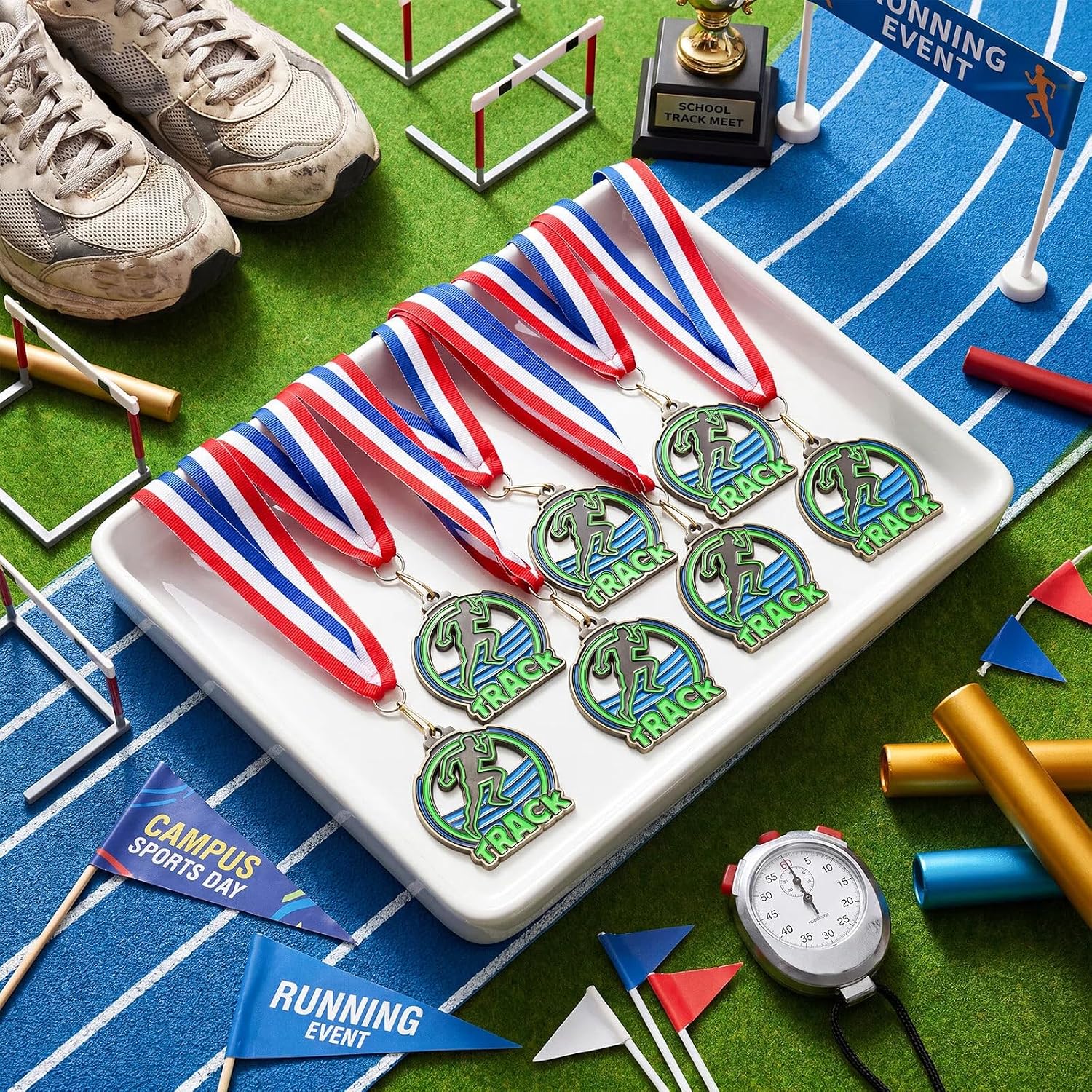 20 Pcs Glow Track Medals 2 Inch Run Medals with Neck Ribbons Bulk Glow in the Dark Running Track Trophy Awards Prize for Team Competitions Party Favors
