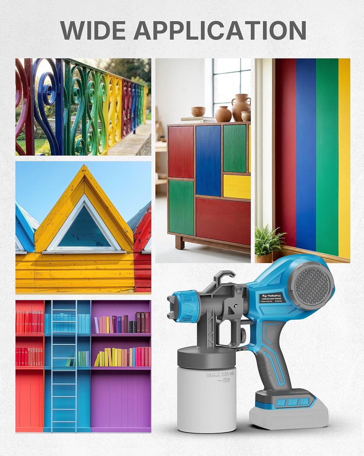 Tilswall Paint Sprayer, Cordless Paint Sprayer for Dewalt 20V Battery,100 Din/s Viscosity,Ultra-Lightweight Electric Spray Paint Gun for House Painting,Furniture,Wall,Iron Fence(Battery Not Included)