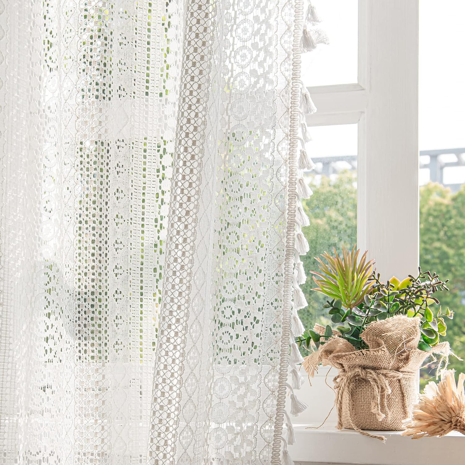 Deeprove Kitchen Curtain 24 Inch Length Set, Short Boho Sheer Lace Crochet Valance Tier Knitting Handmade Macrame Tassels for Dinning Room, Vintage Shabby Chic Home Decor W59 x L24, 1 Panel, White