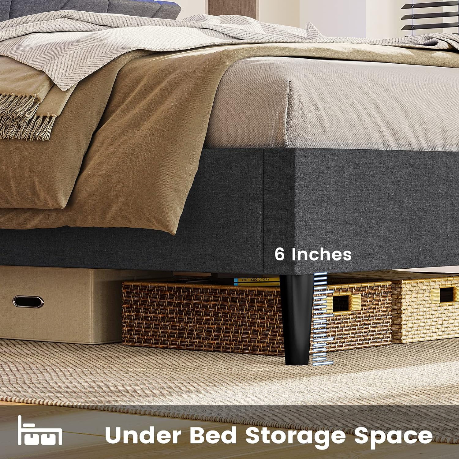 Diagram showing bed frame construction with slats, support legs, and velcro system