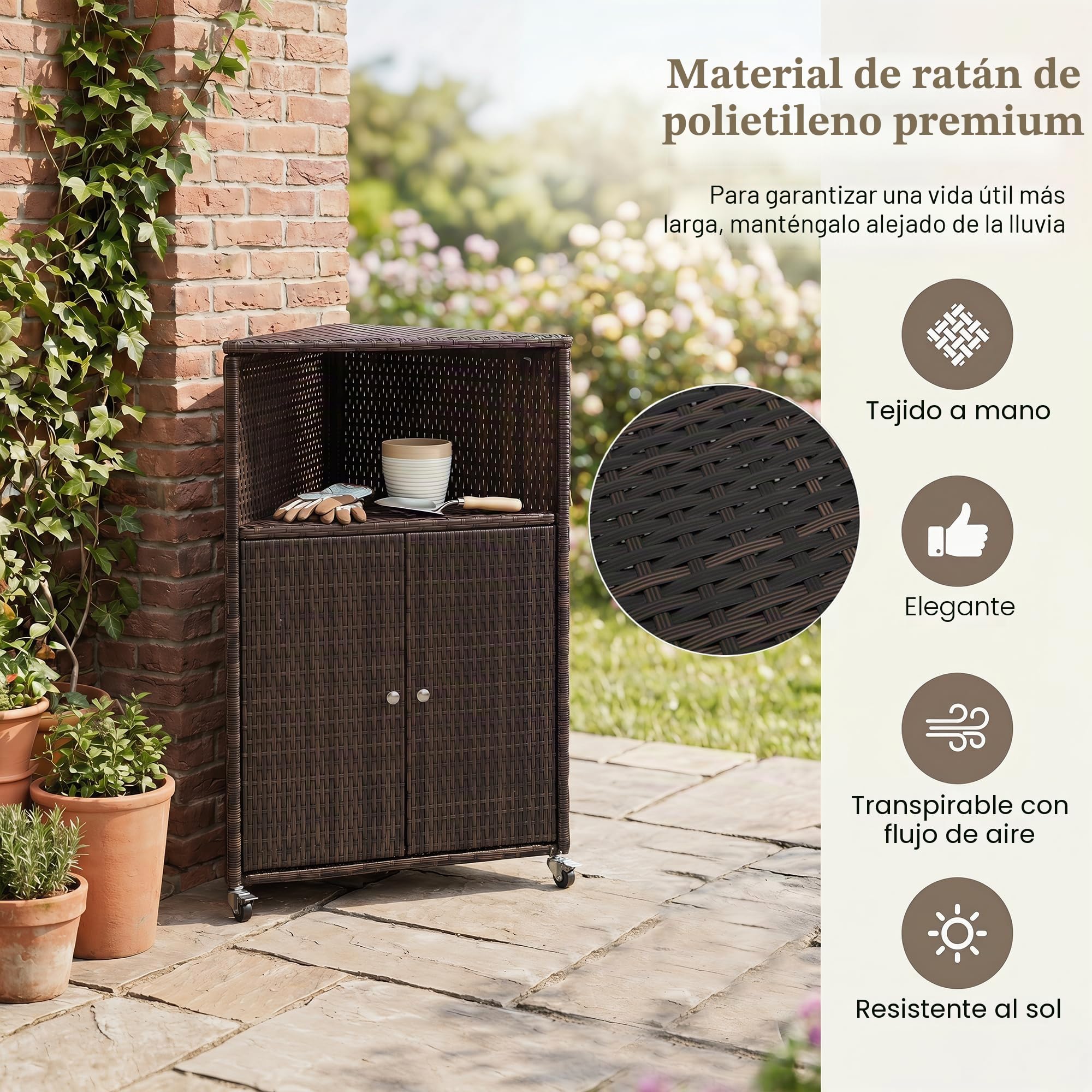 LIFEZEAL Armario de Exterior de Ratán con 2 Niveles y Puertas | Aparador Rodante para Patio Jardín Terraza, Compartimento Abierto, 65x47x111 cm, Resistente al Agua