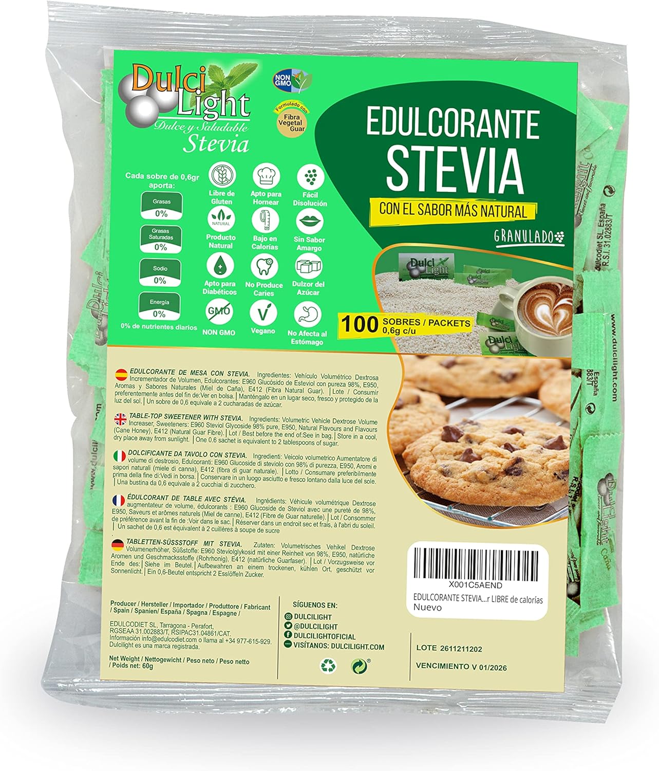 EDULCORANTE STEVIA DULCILIGHT 100 sobres, Natural granulado con fibra Vegetal|1gr = 10gr de azúcar| EL Sabor, la textura y el Sonajero del azúcar LIBRE de calorías