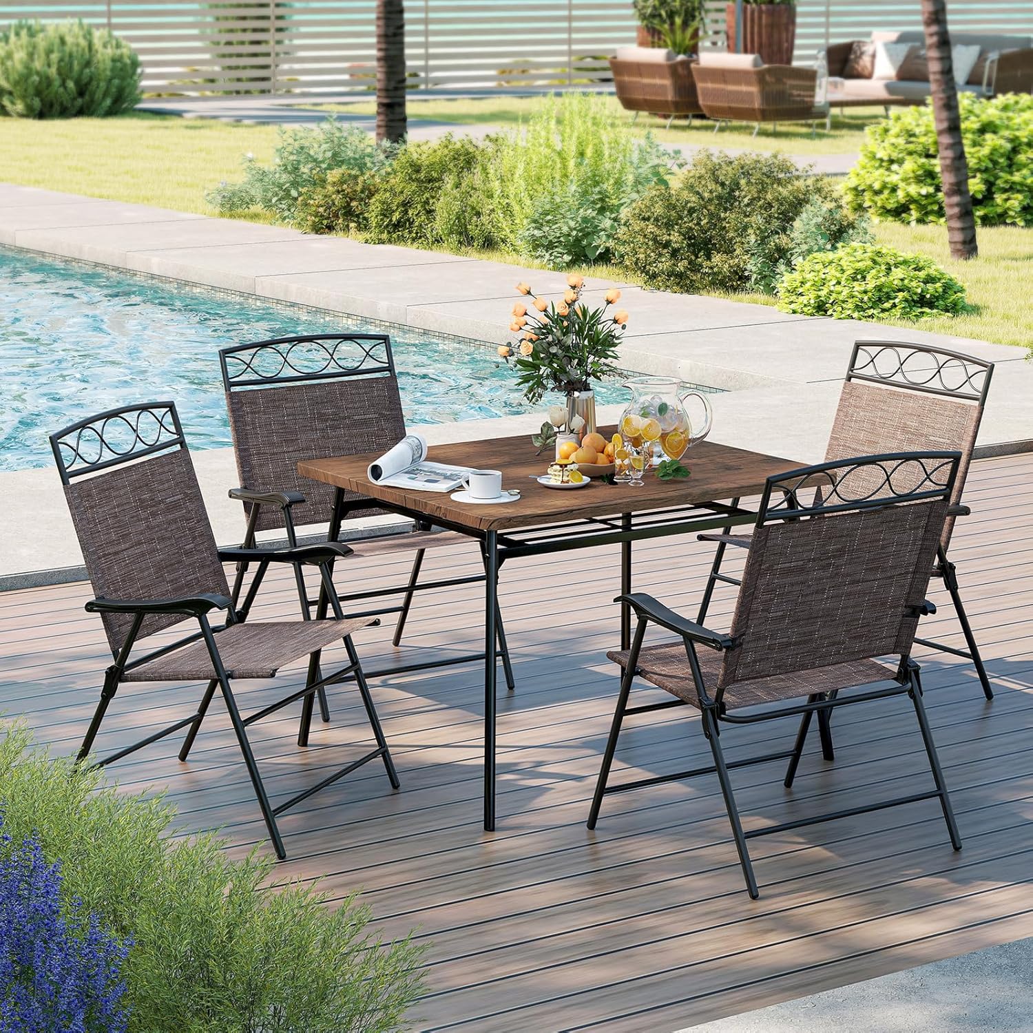 Tangkula Folding Chairs for Outside Set of 4, Portable Outdoor Dining Chairs with Armrests and Metal Frame, Outdoor Patio Chairs for Lawn, Porch and Garden, No Assembly (Brown)