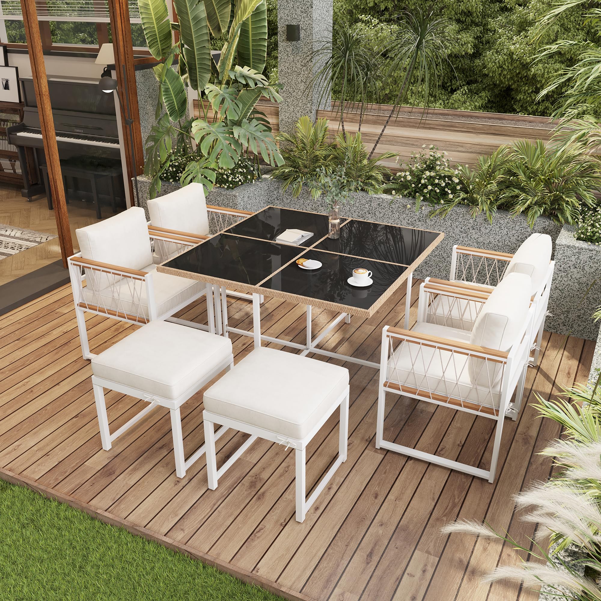 Soweiz Set di 7 pezzi tavolo da pranzo e sedie da esterno per 6 persone, tavolo in vetro temperato, piano corrimano in legno di acacia, adatto per cortile, giardino (bianco + colore naturale)