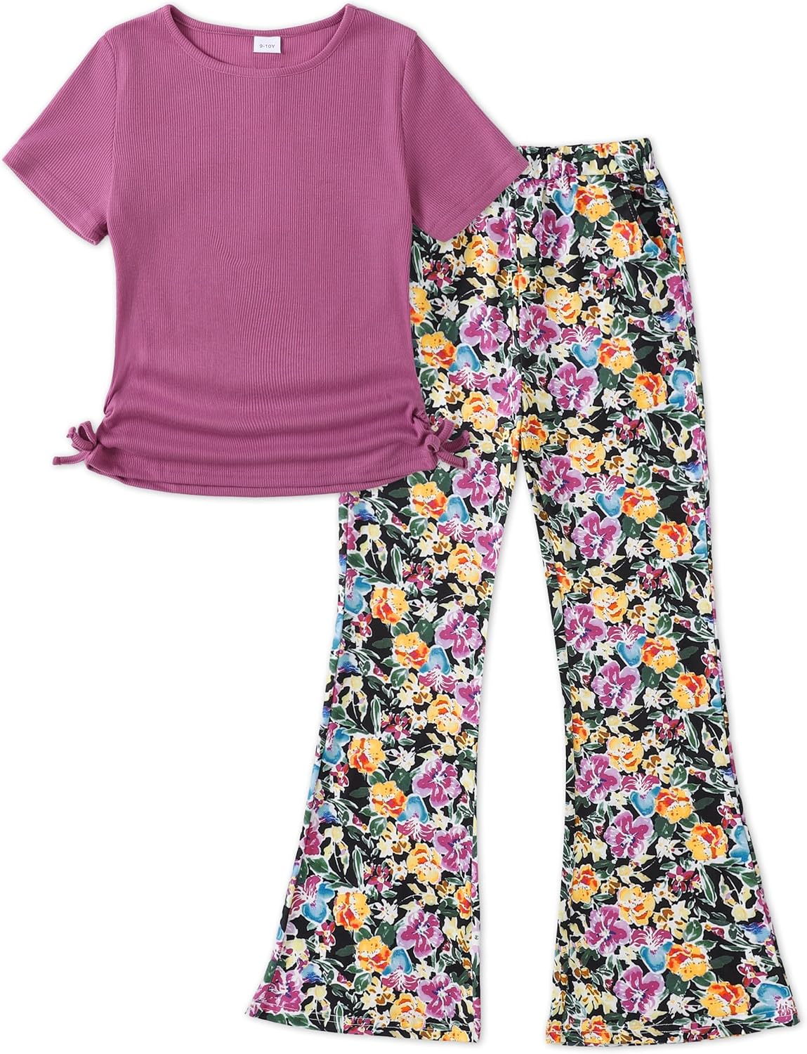 GEMLON Girls Clothes Solid Ruched Short Sleeve Crew Rib Top and Flowy Print Wide Leg Pants 2 Piece Girls Outfits 5-14 Years