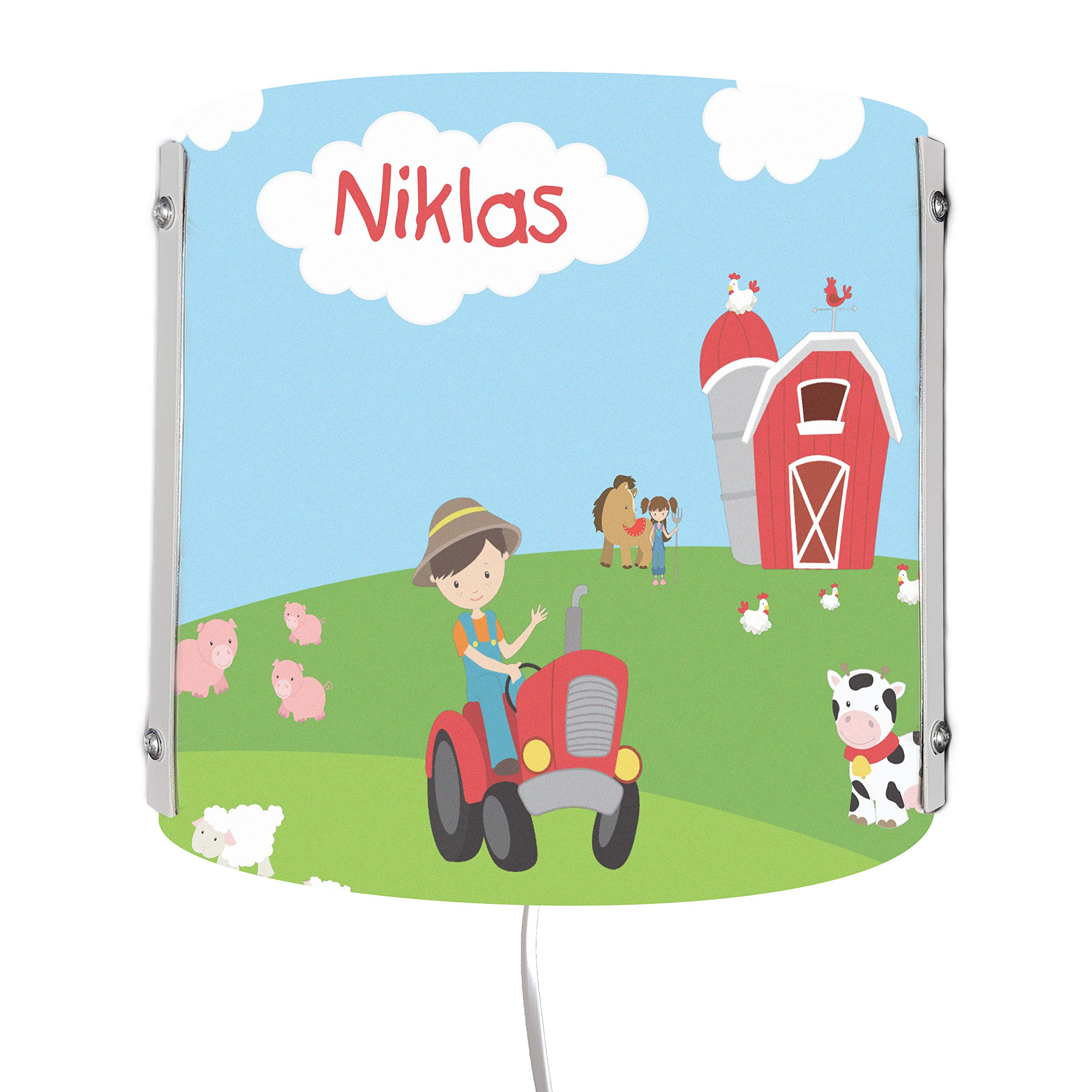 WA-1002, Bauernhof, Kinderzimmer Wandlampe personalisiert mit Namen, Nachtlicht/Schlummerlicht für Steckdose, E14, 22 x 22,5 x 8,5 cm