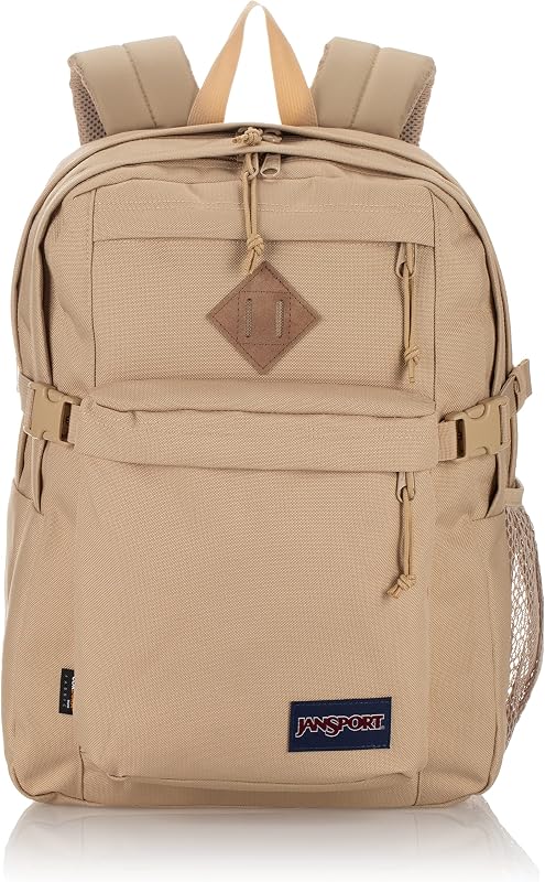 Mochila JanSport Main Campus FX - Bolsa de viaje o trabajo con paquete para computadora portátil de 15 pulgadas con ribete de cuero, travertino