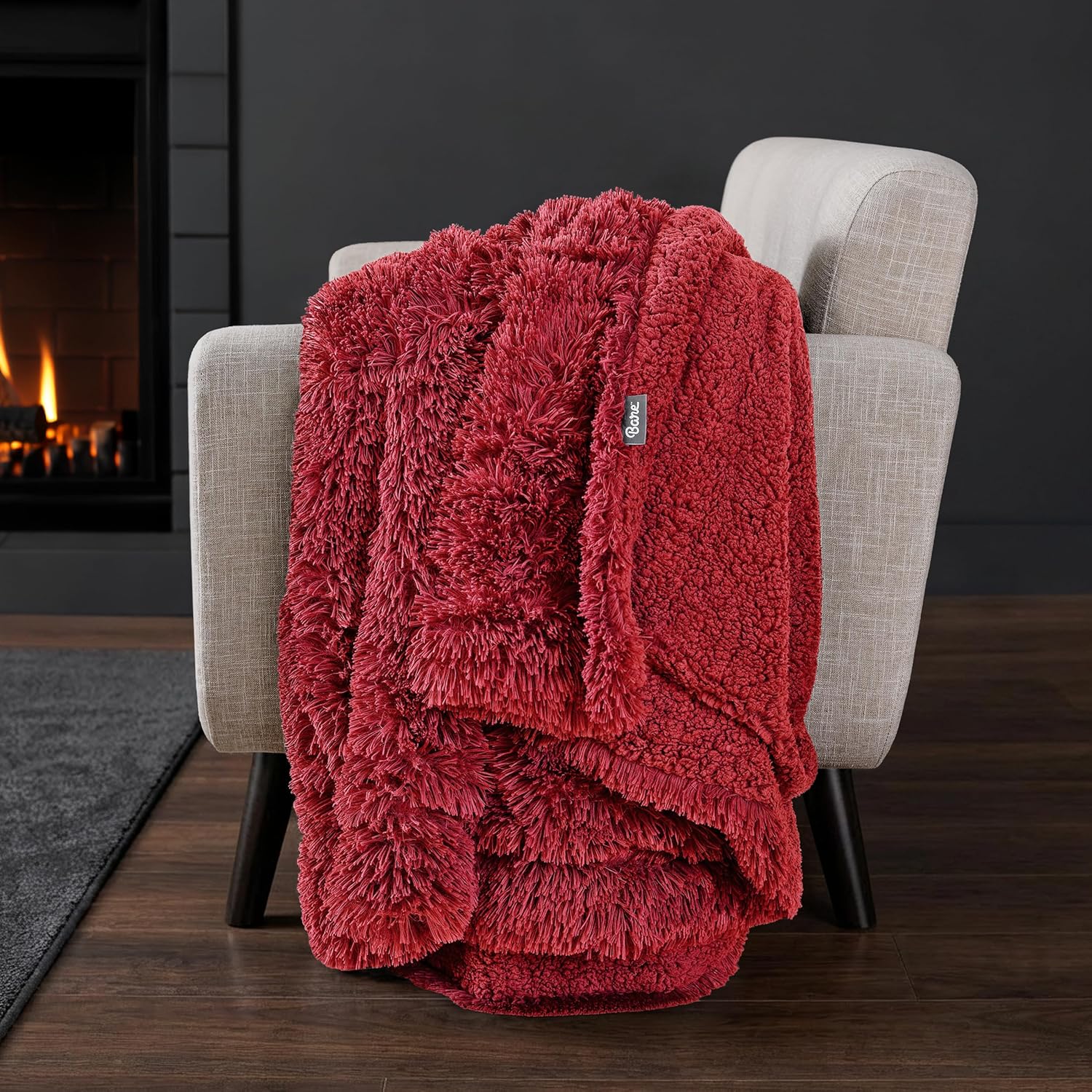 Bare Home Shaggy Faux Fur Sherpa Blanket - Super Soft, Fuzzy, Fluffy - Reversible Cozy Warm Blanket for Couch, Sofa, Chair, Bed - Luxury Home Decor (Throw/Travel, Red)