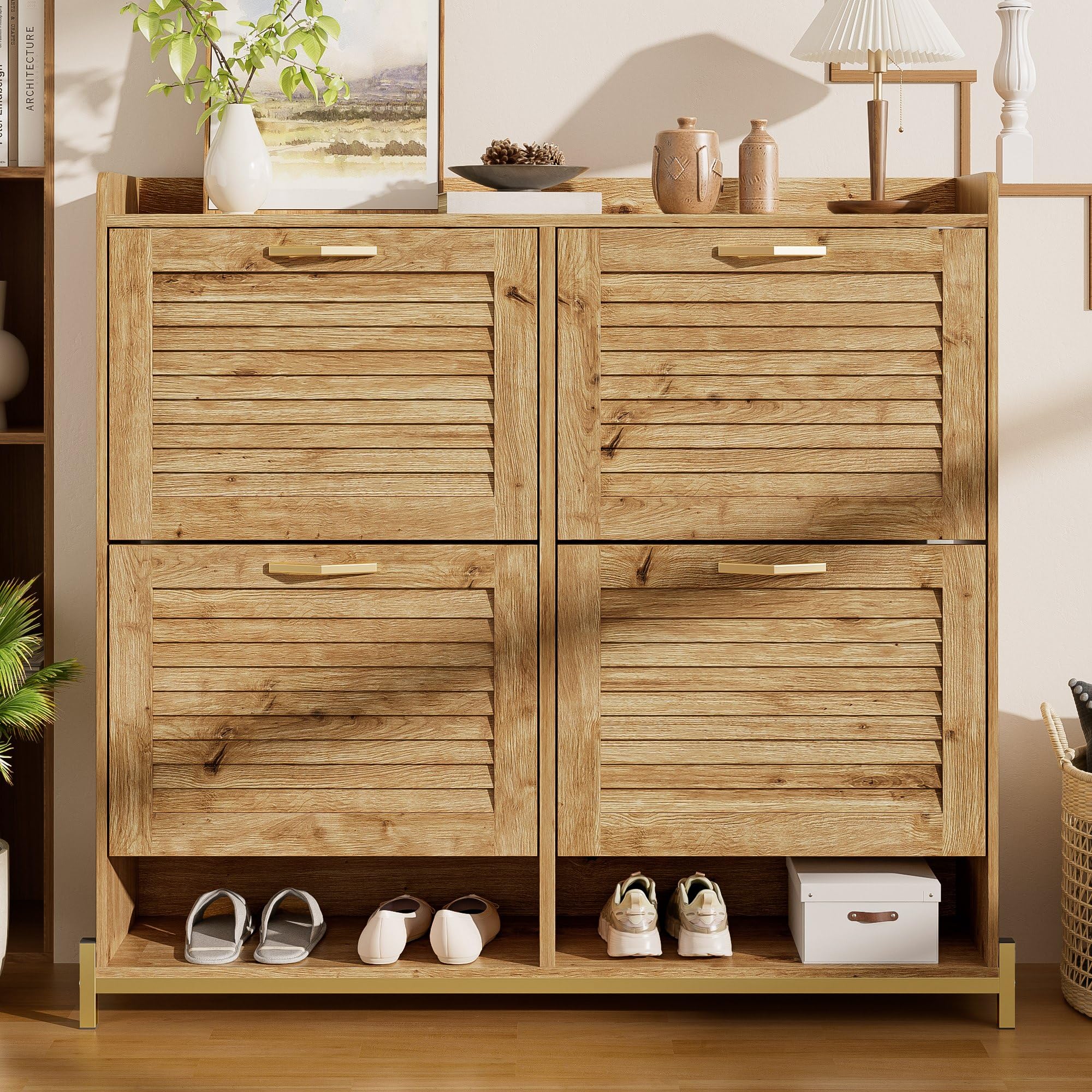 Szafka na buty z 4 drzwiami, listwy drewniane, metalowa rama, półka, 108,5 x 24 x 100 cm, drewno, płyta MDF, zajmuje mało miejsca do przedpokoju
