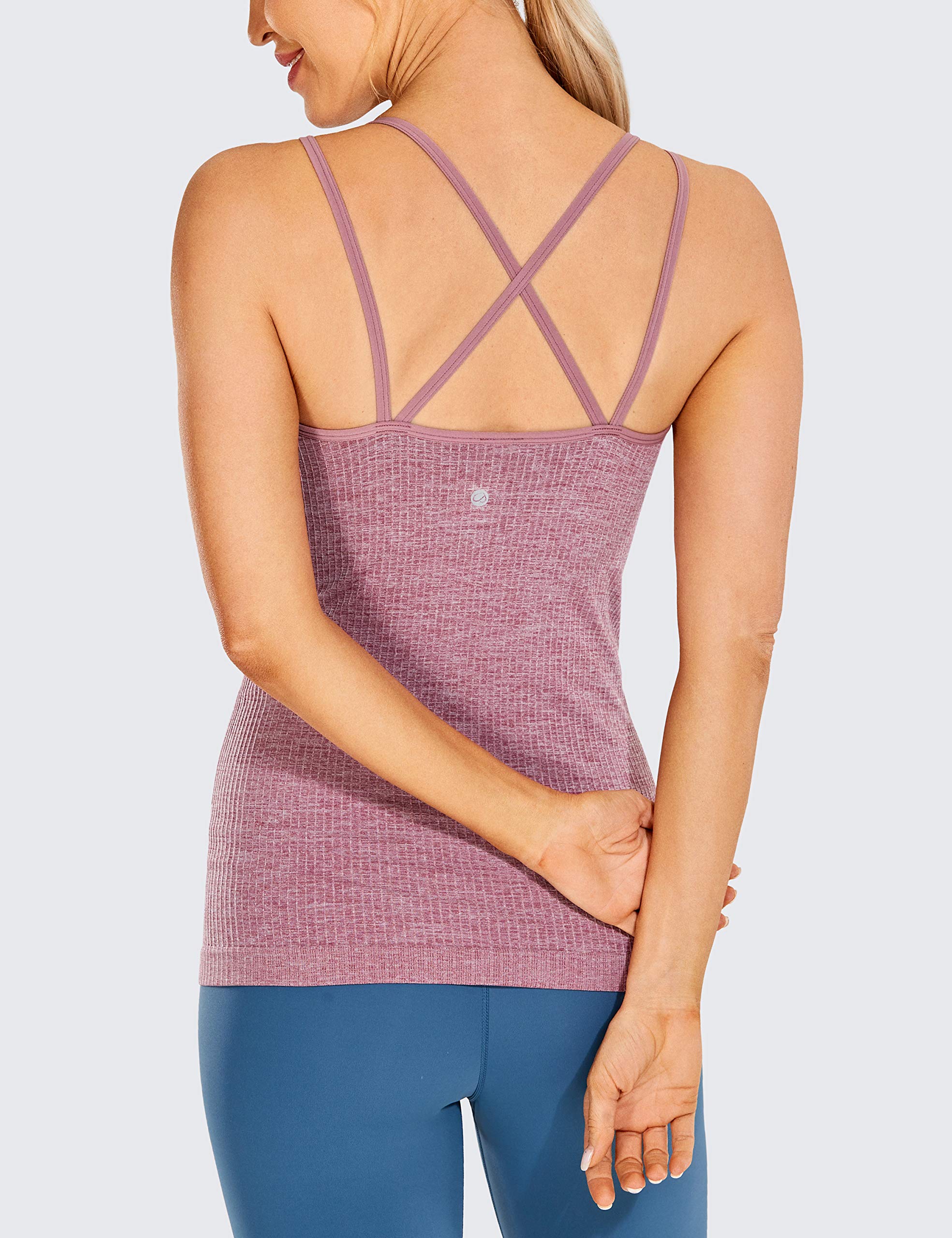 CRZ YOGA Women's Seamless Workout Tank Tops with Built-in Bra Strappy Back Slim Fit Ribbed Sports Yoga Tops