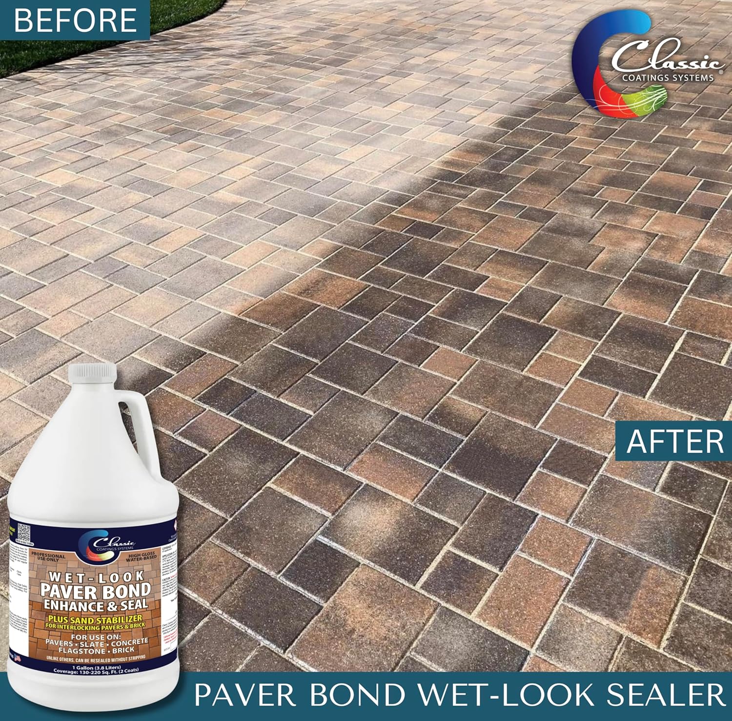 Classic Coatings | Water-Based Paver Bond | Color Enhancer & Sand Joint Stabilizing | Interior/Exterior Surfaces | Pavers, Concrete, Brick, Masonry, Flagstone, & More | Wet-Look, 5-Gallon
