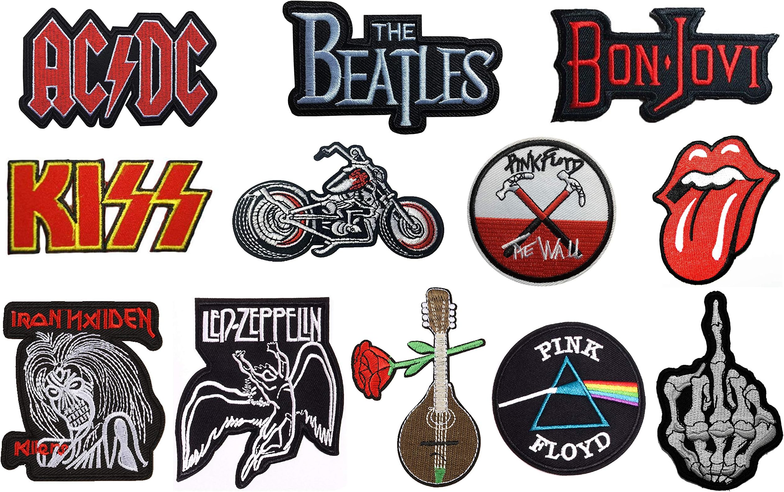 SpaceAuto Bon Jovi,Iron Maiden Killer,Rolling Stone,Pink Floyd, Kiss,The Beatles,ACDC,Led Zeppelin,Skull Middle Finger Skeleton Bone,Harley Motorbike,Guitar Logo Patches