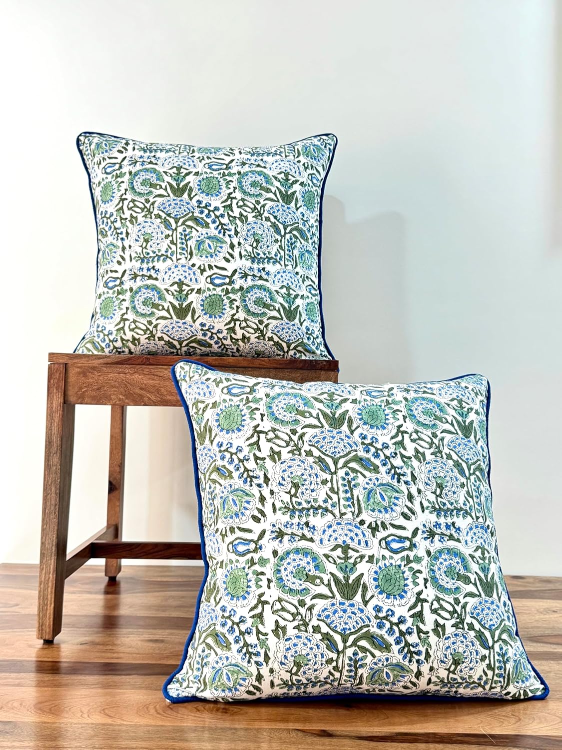 ATOSII Block Print Throw Pillow Covers, 18 X 18 - Set of 2, Decorative Couch Pillows for Living Room Bed Sofa, 100% Cotton Canvas Pillow Case for Home Decor & Outdoors, Preppy Throws - Clover Blue - Image 3