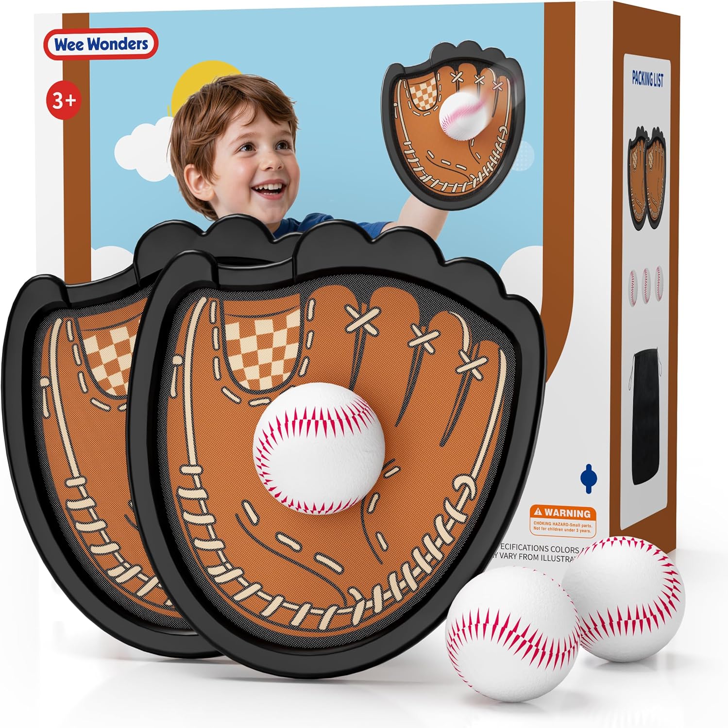 Wee Wonders Toss and Catch Ball Set, Toddler Baseball Glove Includes 2 Paddles & 3 Sticky Balls, Catching Ball Game for Beach Yard Pool Outside, Indoor Outdoor Toys Gifts for Kids Ages 3-12, Brown