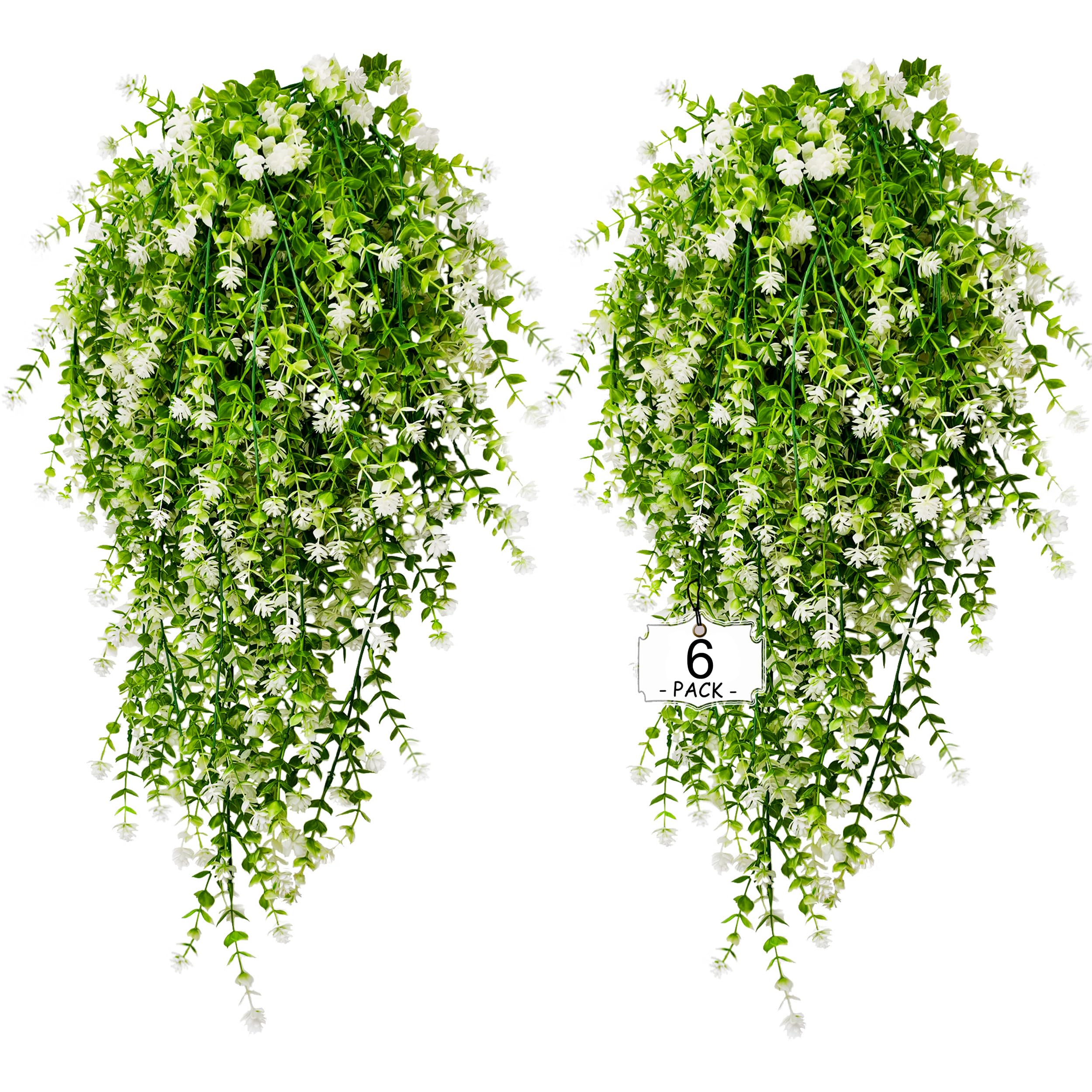 Artificial Hanging Flowers Outdoor UV Resistant Fake Plastic Plants Indoor Outside Garden Porch Window Box Home Wedding Farmhouse Festive Shrub Decor (White, 6 Bundles)