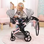 Bayer - Poupées jumelles Pram Xeo - Transport, Poussette, réglable en hauteur, Poignée réversible avec sac - Poupées jusqu'à 18” - Âge 3+ - Papillon rose gris - 26733AA