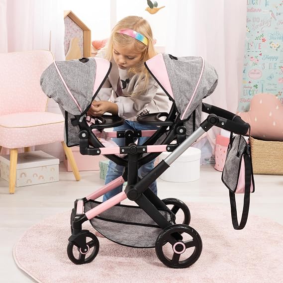 Bayer Twin Doll Stroller, Double Baby Stroller - Butterfly Grey & Pink