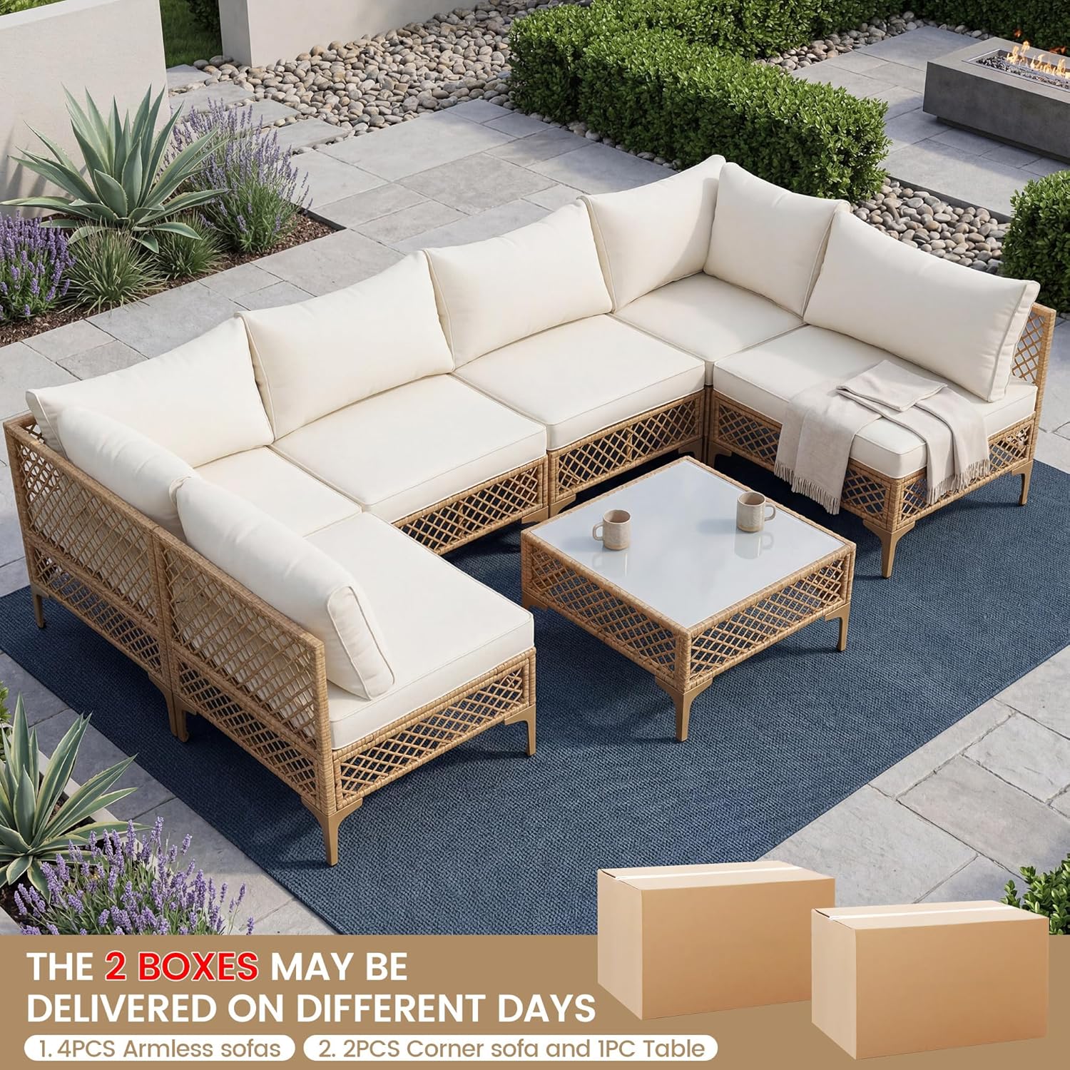 7-Piece Outdoor Sectional Furniture Set, PE Rattan Wicker Patio Sofa, Weather-Resistant Thick Cushions & Coffee Table, Patio Conversation Set for Deck,Garden,Backyard,Balcony,Porch