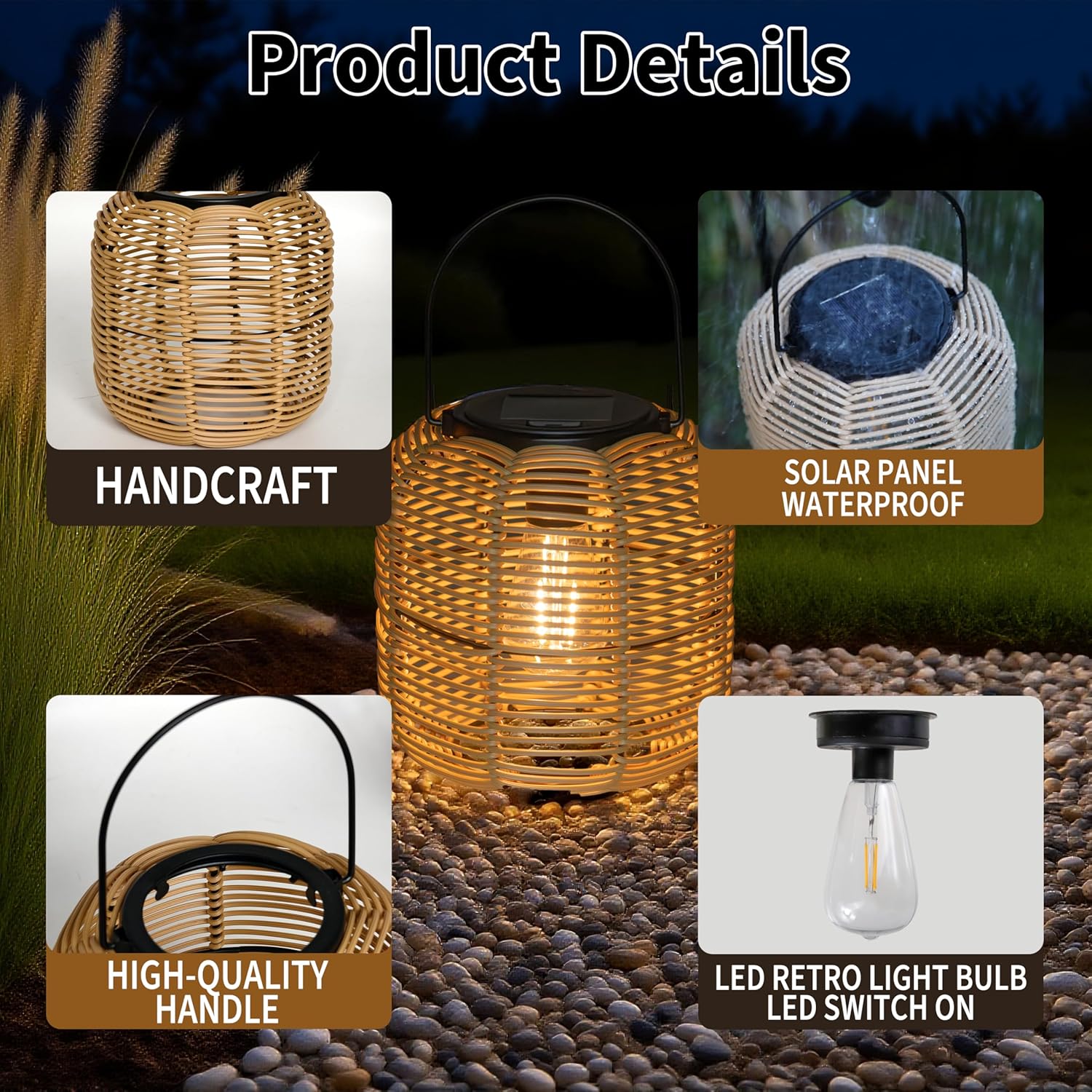 YAKii 2 Pack Solar Lantern Hanging Waterproof Outdoor Handmade Solar Lamp with Plastic Rattan Octagon Decoration for Garden Yard Patio Porch Trees Lawn Pathway Decor