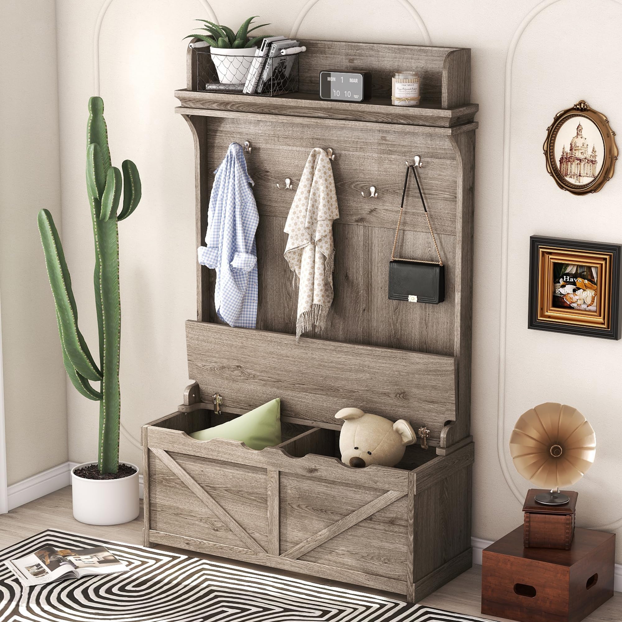 Hall Tree with Bench and Storage, Entryway Bench with Coat Rack, 5 Coat Hooks W/Storage Cabinet, Barn Door & Storage Shelf, Space Saving,for Mudroom Entryway Hallway (Oak)