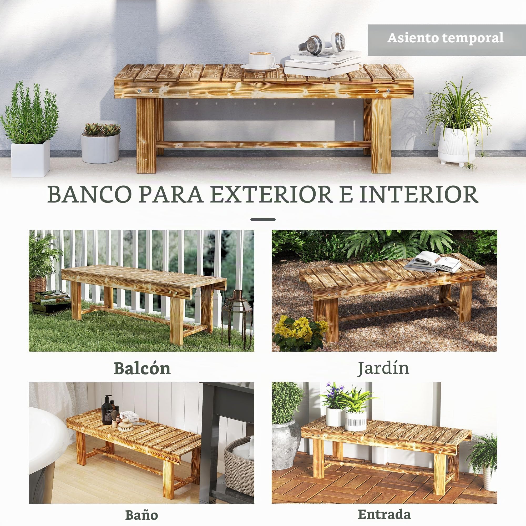 Outsunny Banco de jardín de 2 plazas de Madera, Resistente a la Intemperie, Muebles de jardín con Pintura Resistente al Agua, Banco de Parque, soporta 250 kg, Banco de Madera para balcón, terraza