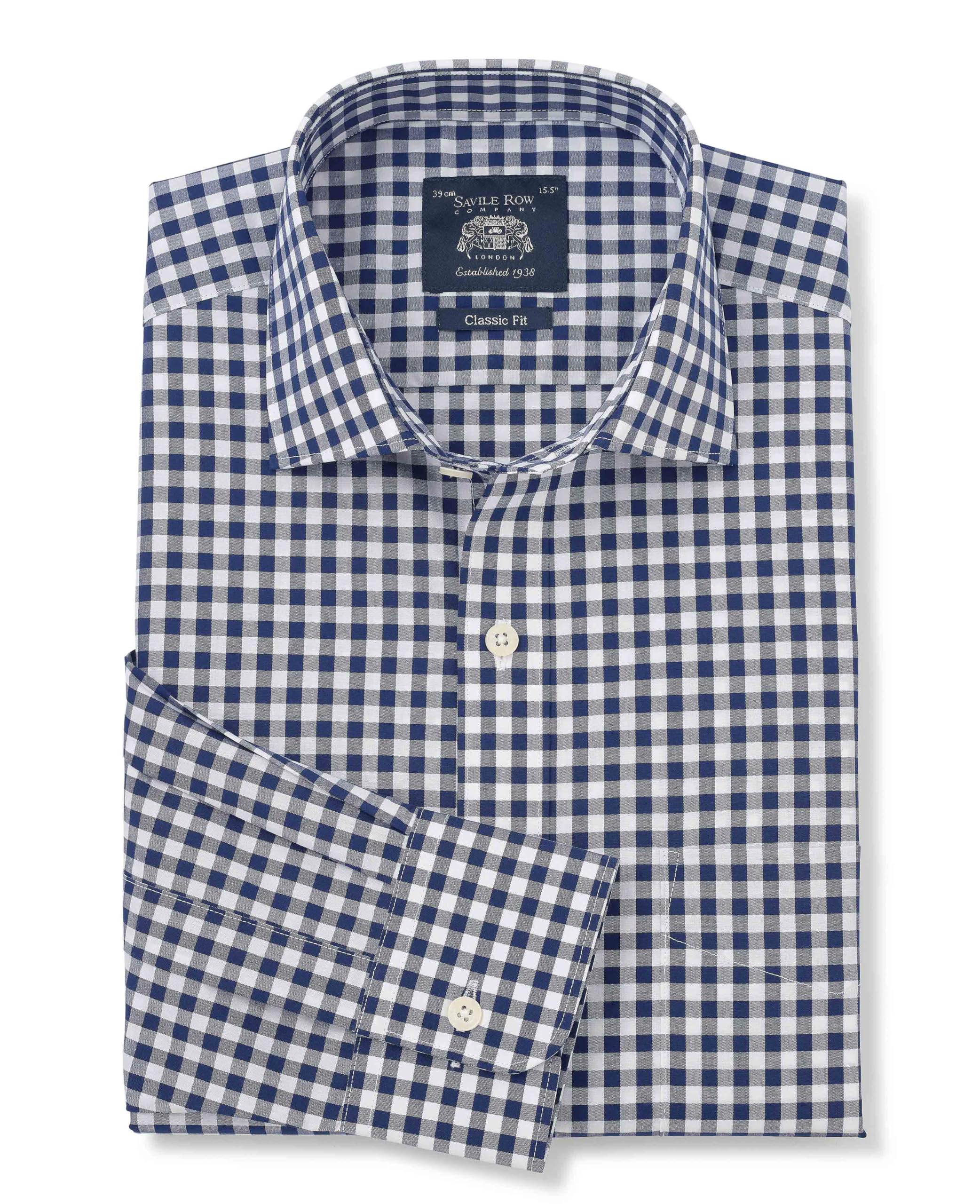The Savile Row Company London Men's Navy Gingham Check Classic Fit Cotton Poplin Single Cuff Formal Shirt - 19" Collar - Standard