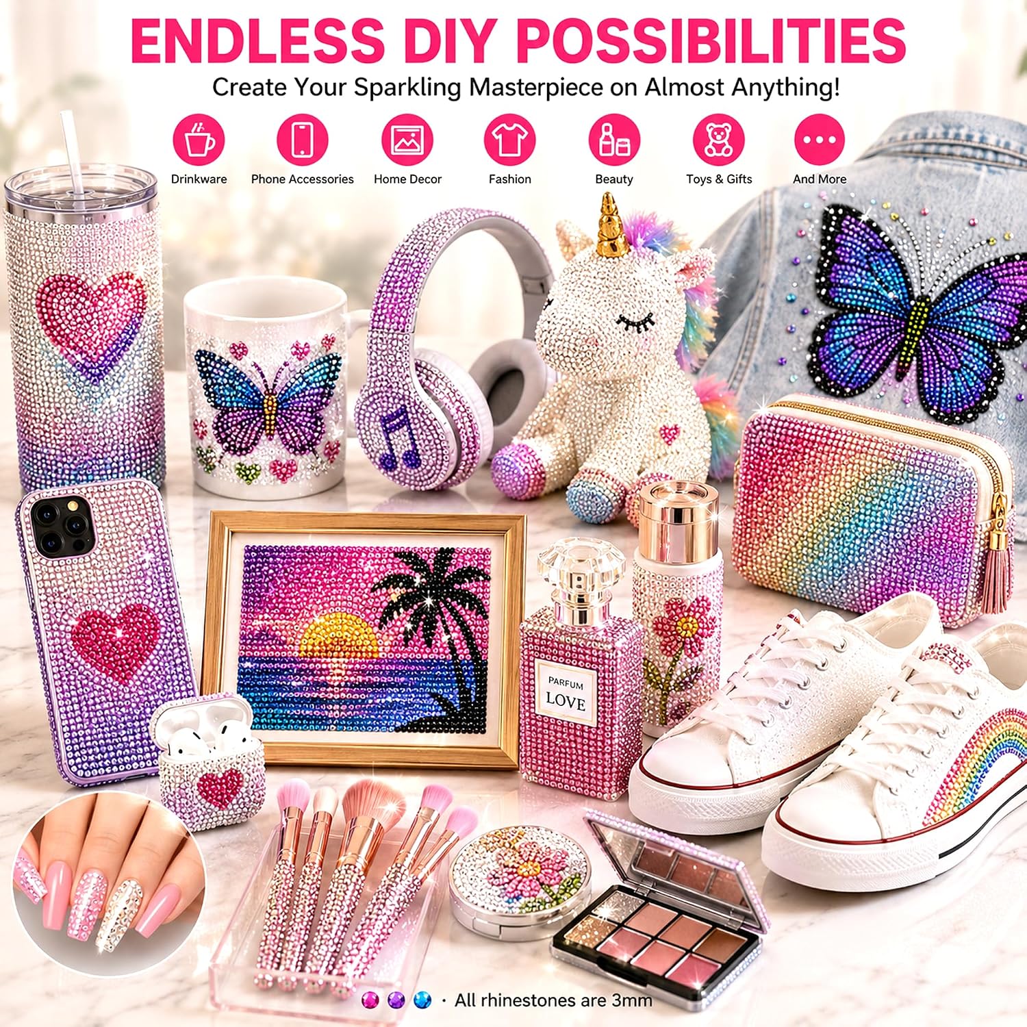 50000Pcs Bedazzling Kit with 48 Colors 3mm Resin Rhinestones, 6Pcs B7000 Glue, Pickup Pen, Trays & Tools, for DIY Crafts, Clothes, Shoes, Tumblers, Phone Cases and Nail Art