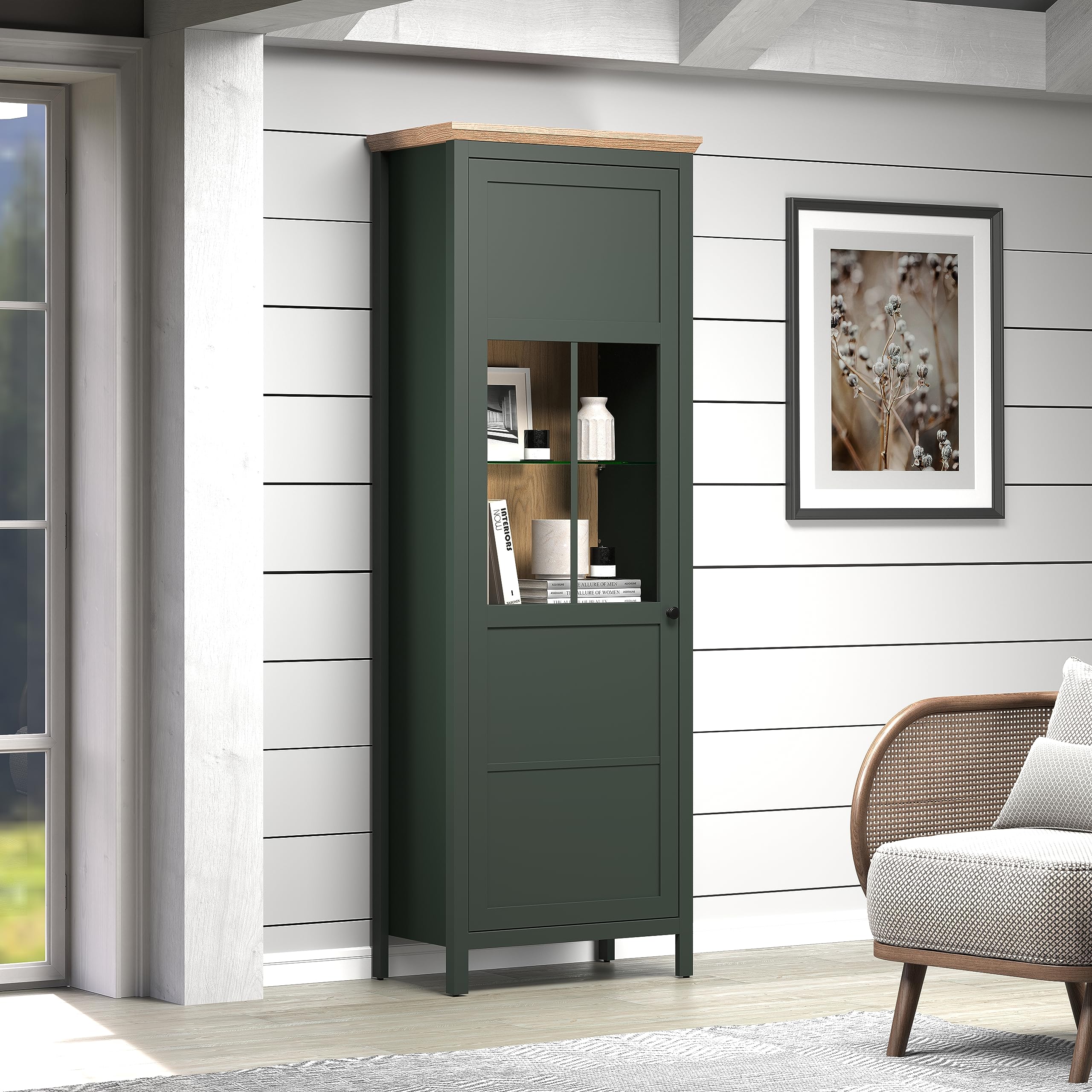 trendteam smart living - vitrine Armoire de Salon - Stanton - Dimensions de Construction (LxHxP) 69 x 198 x 39 cm - Couleur Vert pin avec chêne Evoke - 220913104