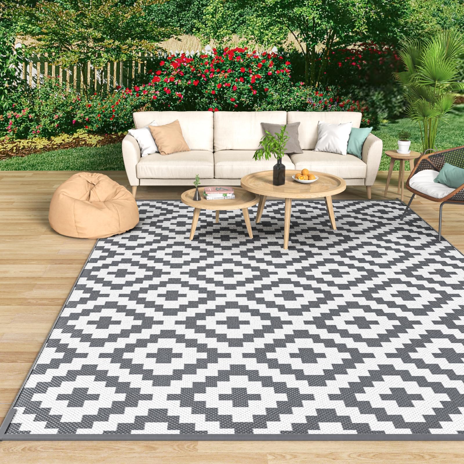 Outdoor Rug for Patios Waterproof, Anti-slip Plastic Straw Garden Mat Carpet UV Resistant Indoor Area Rugs for Camping, Deck, Beach, Picnic, Backyard (120x180cm, Grey & White)