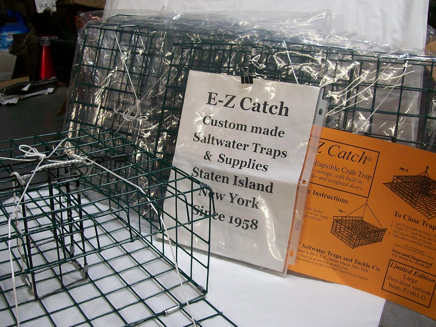 6 Pack E-Z Catch Patent USA Made Stow-A-Way 2 Door 12" x 12" x 6" Folding Blue Crab Trap with Bait Holder …