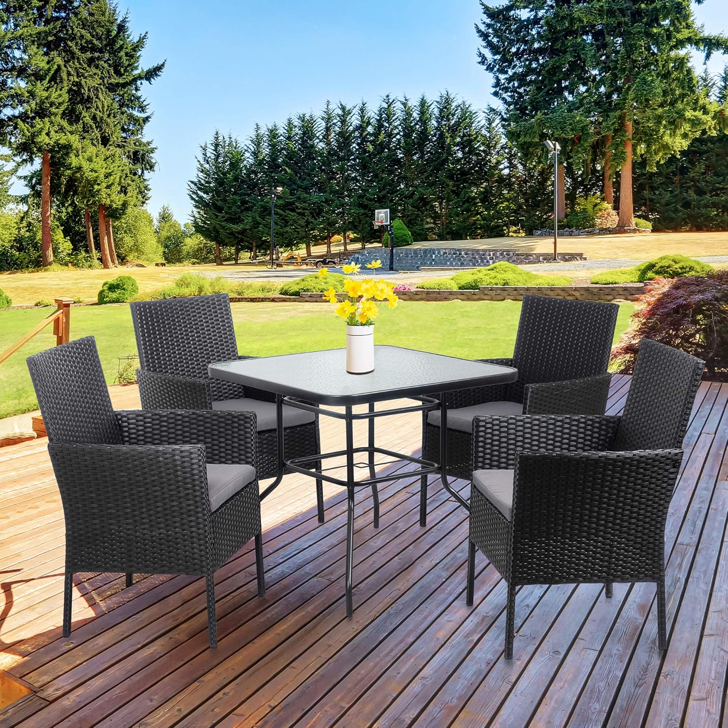 Walsunny 5-Piece Indoor Outdoor Wicker Dining Set Furniture,Square Tempered Glass Top Table with Umbrella Hole,4 Chairs-Black(Grey Cushions) : Patio, Lawn & Garden