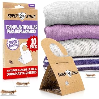 Super Ninja Trampa para Polillas con Feromonas Pack de 10 – Antipolillas para Ropa de Armario, Cajón y Alfombra – Trampa Adhesiva para Polillas – Sin Olor, hasta 3 Meses