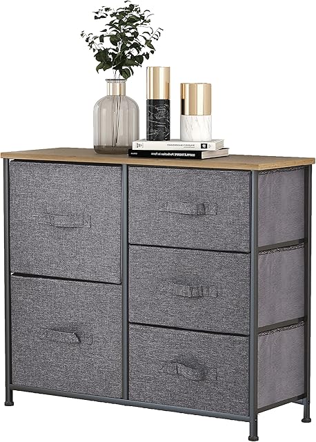 Meerveil Chest of Drawers, Drawers Bedroom, Fabric Storage Units, 5-Drawer Storage Dresser, Bedroom Clothing Storage, 85x30x70CM, Wooden Top and Metal Frame, Grey