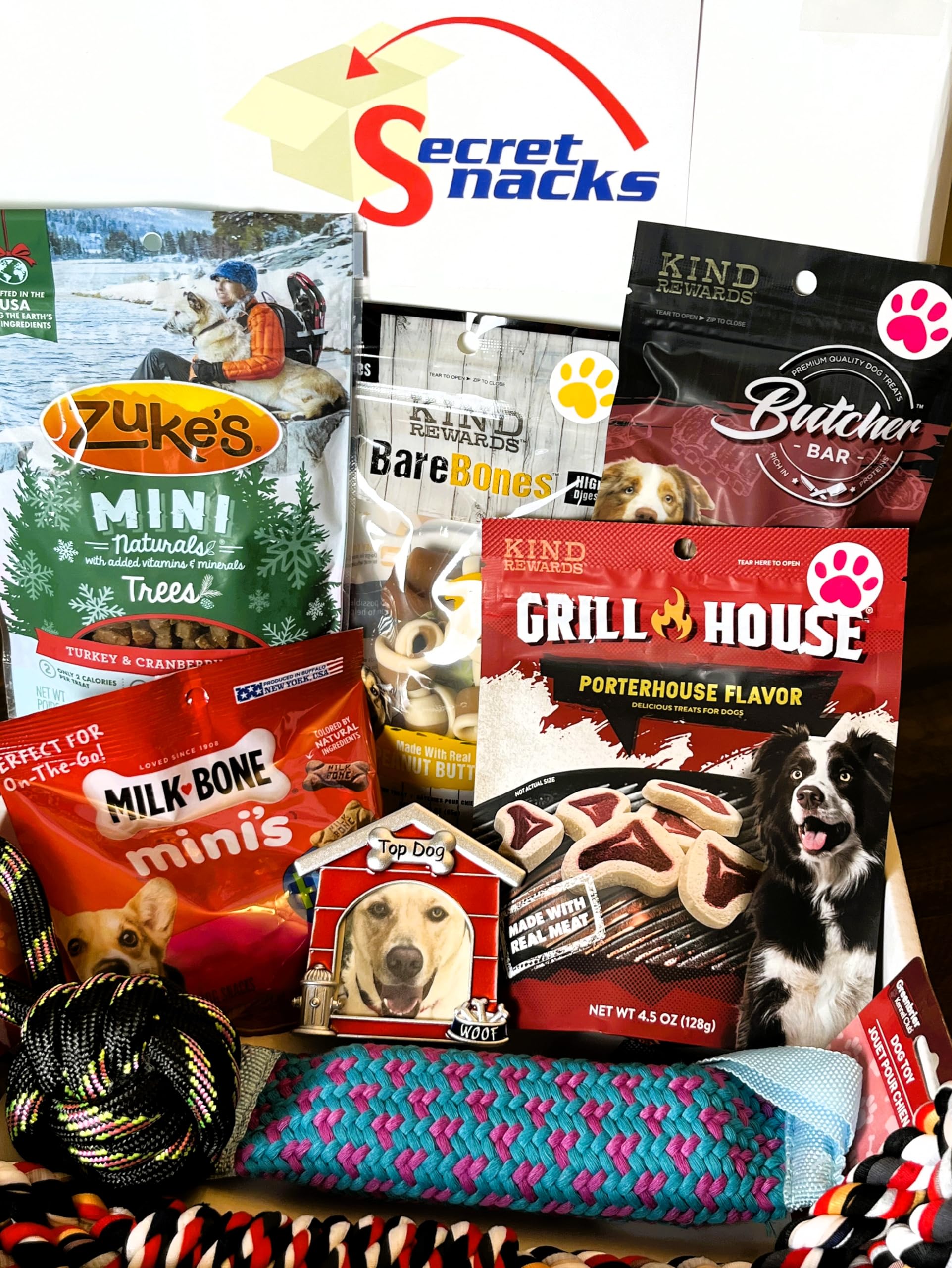 Caja de regalo para perros con marco de fotos adicional para tu bebé peludo favorito. Relleno de golosinas y juguetes para mantener a tu perro entretenido