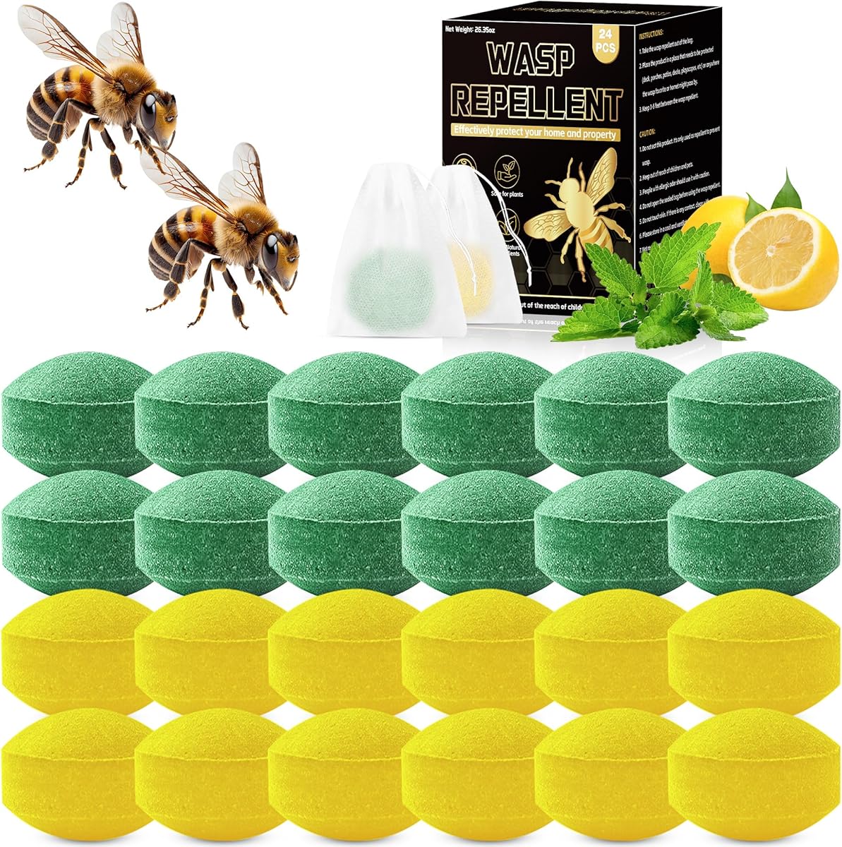 24 Pack Natural Wasp and Bee Repellent Outdoor, Peppermint Oil Carpenter Bee Repellent for Yellow Jackets, Hornets, Mud Wasps Deterrent for Indoor Outdoor Patio Garden Porch, Pet and Human Safe