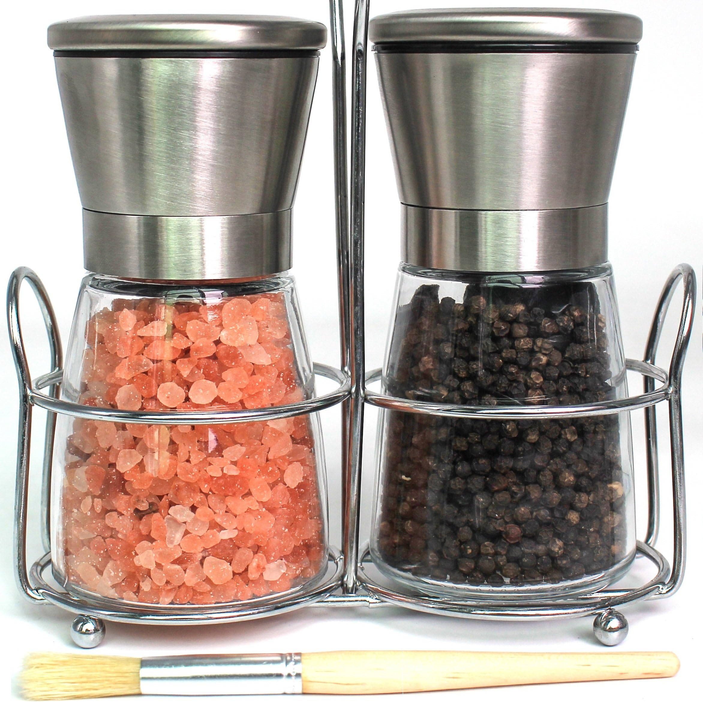 King Cooking Salt and Pepper Grinder Set | Premium Brushed Stainless Steel & Glass Spice Shakers | Ceramic Blades | Salt Pepper Grinder Mill with Stand | Cleaning Brush